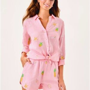 Lily Pulitzer Pink Embroidered  beach side linen shorts  XL